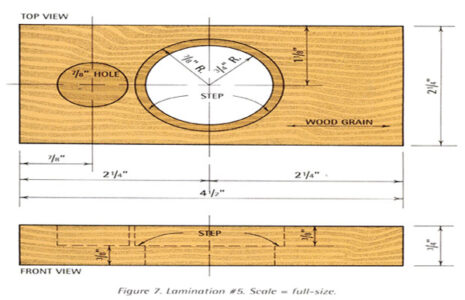 illustration of a wood board with a tiered hole carved in the center and a hole to the side carved part way through the board